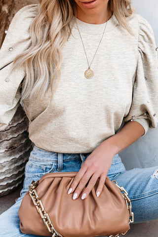 Pearl Detail Round Neck Half Sleeve Blouse