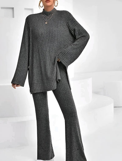 Mock Neck Split Hem Tee & Flare Leg Pants