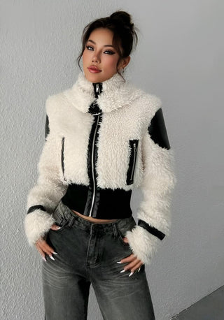 Jacket With PU Leather Front, Fleece Patchwork And Zipper Pockets