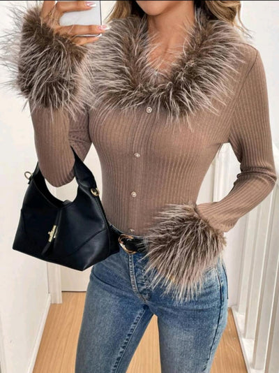 Elegant Fuzzy Collar & Cuff Ribbed Knitted Slim Fit T-Shirt