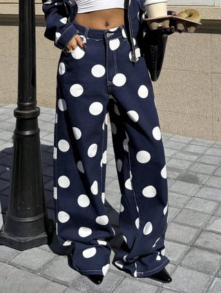 Fashion Casual Polka Dot Print Loose Fit Jeans, Streetwear