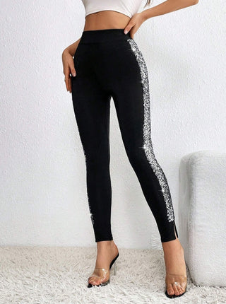 Contrast Sequin Side Seam Split Hem Leggings