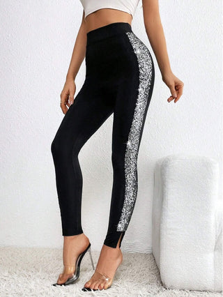 Contrast Sequin Side Seam Split Hem Leggings