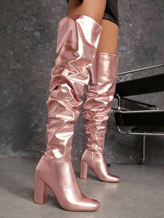 Metallic Pointy Toe Thigh High Boots