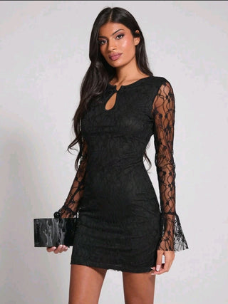 Lace Hollow-Out Mini Dress In Black