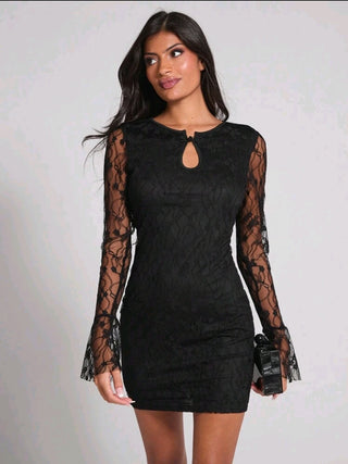 Lace Hollow-Out Mini Dress In Black