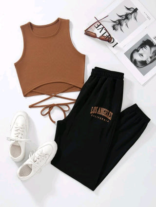 Crisscross Tie Back Tank Top & Letter Graphic Sweatpants