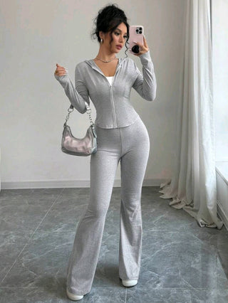 Hooded Zipper Long Sleeved Sports Style Top And Flared Pants Two-Piece Set