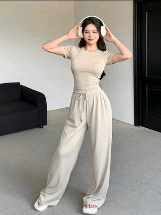 Women's Casual Plain Crew Neck Short Sleeve Top & Pants Set