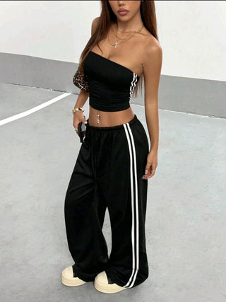 2pcs Set Women Side Tape Close Fitting Bandeau Top And Drawstring Loose Fit Sport Pants