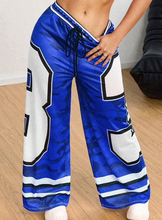 Digital Printed Mesh Fabric Low Waist Long Wide Leg Pants