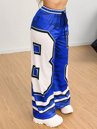 Digital Printed Mesh Fabric Low Waist Long Wide Leg Pants