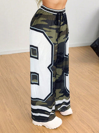 Digital Printed Mesh Fabric Low Waist Long Wide Leg Pants