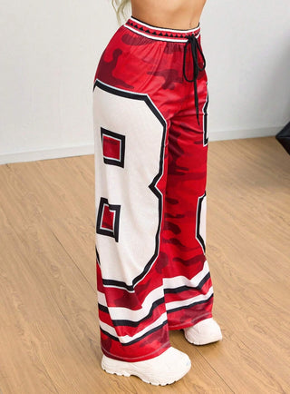 Digital Printed Mesh Fabric Low Waist Long Wide Leg Pants