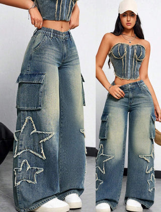 Loose Fit Wide Leg Jeans With Pocket And Star Patchwork