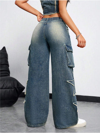 Loose Fit Wide Leg Jeans With Pocket And Star Patchwork