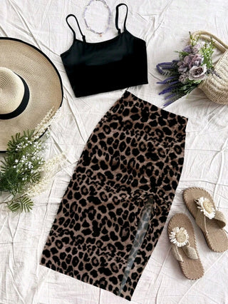 Casual Vocation, Leopard Skirt, 2 Pieces Set