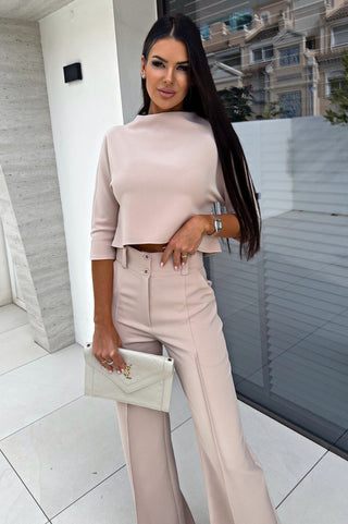 CROP TOP AND HIGH WAIST TROUSERS SET – BEIGE