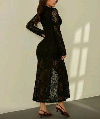 Sexy Black Deep V-Neck High Slit Long Flare Sleeve Bodycon Club Dress