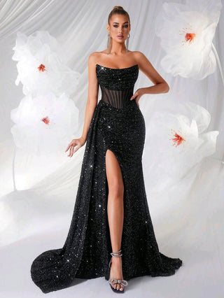 Strapless Hollow Fishbone Pattern Formal Dress