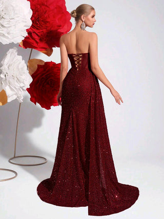 Strapless Hollow Fishbone Pattern Formal Dress