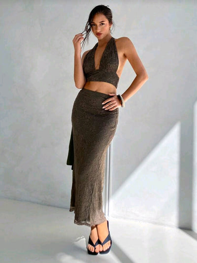 Floral Lace Backless Crop Top & Fish Tail Skirt Two Pieces