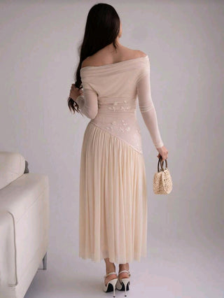 One-Shoulder Long-Sleeved Contrasting Mesh Dress