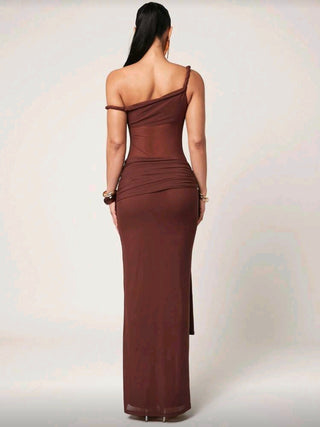 Sexy Solid Color Asymmetric Neckline Dress