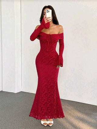 Off Shoulder Long Sleeve Front Tie Bodycon Dress