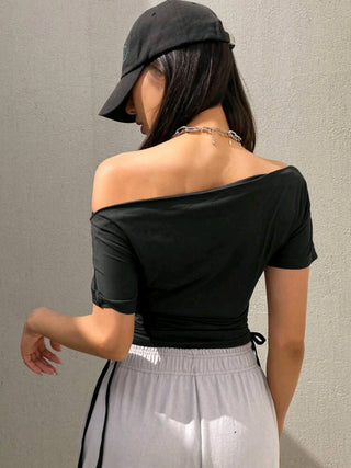 Sporty Off Shoulder Short Sleeve Crop Top