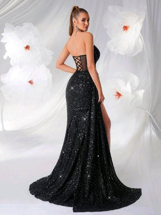 Strapless Hollow Fishbone Pattern Formal Dress